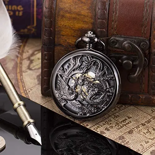 ManChDa Antique Mechanical Pocket Watch Lucky Dragon & Phoenix Black Skeleton Dial Roman Numberals with Chain