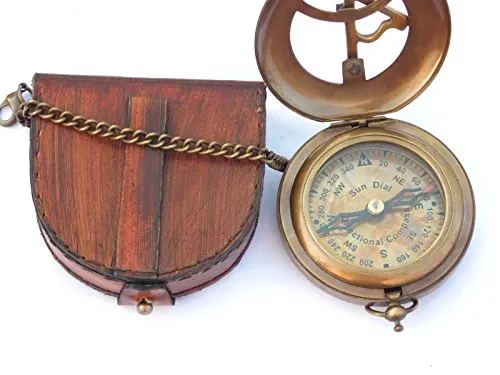 NEOVIVID Brass Sundial Compass with Leather Case and Chain - Push Open Compass - Steampunk Accessory - Antiquated Finish - Beautiful Handmade Gift -Sundial Clock