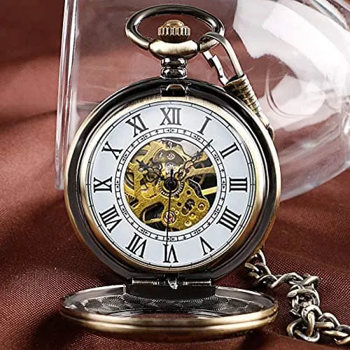 Udaney Antique Bronze Retro Half Hunter Mechanical Pocket Watch Roman Numerals