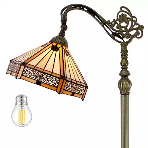 Tiffany Mission Style Reading Floor Lamp Lighting W12H64 Inch(LED Bulb Included)Yellow Stained Glass Hexagon Lampshade Antique Base S011 WERFACTORY Lamps Kids Livingroom Bedroom Beside Table Desk Gift