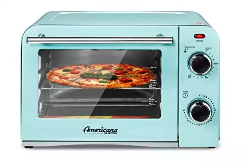 Elite Gourmet Americana Elite Vintage Diner 50’s Retro Countertop Toaster oven Bake, Broil, Toast, Fits 9” Pizza, Temperature Control & Adjustable 60-Minute Timer 1300W, 4 Slice, Mint Blue